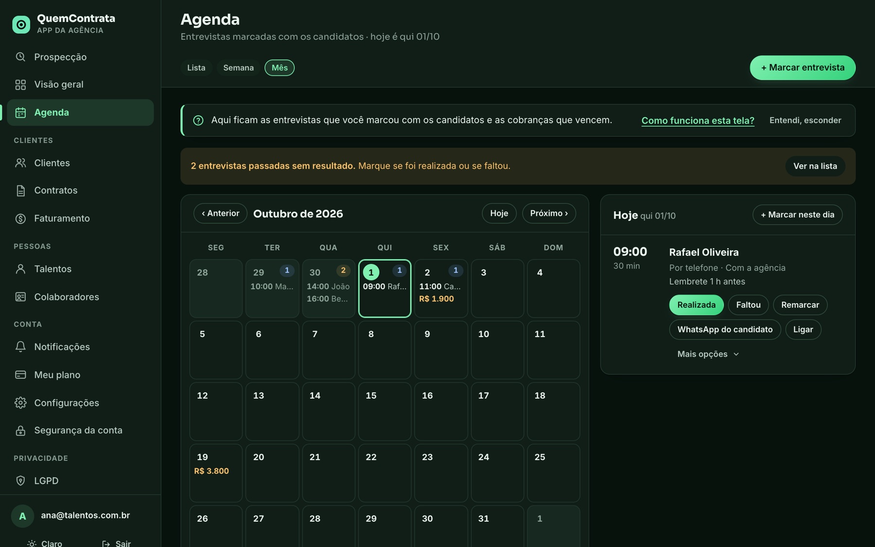 Tela Agenda do sistema