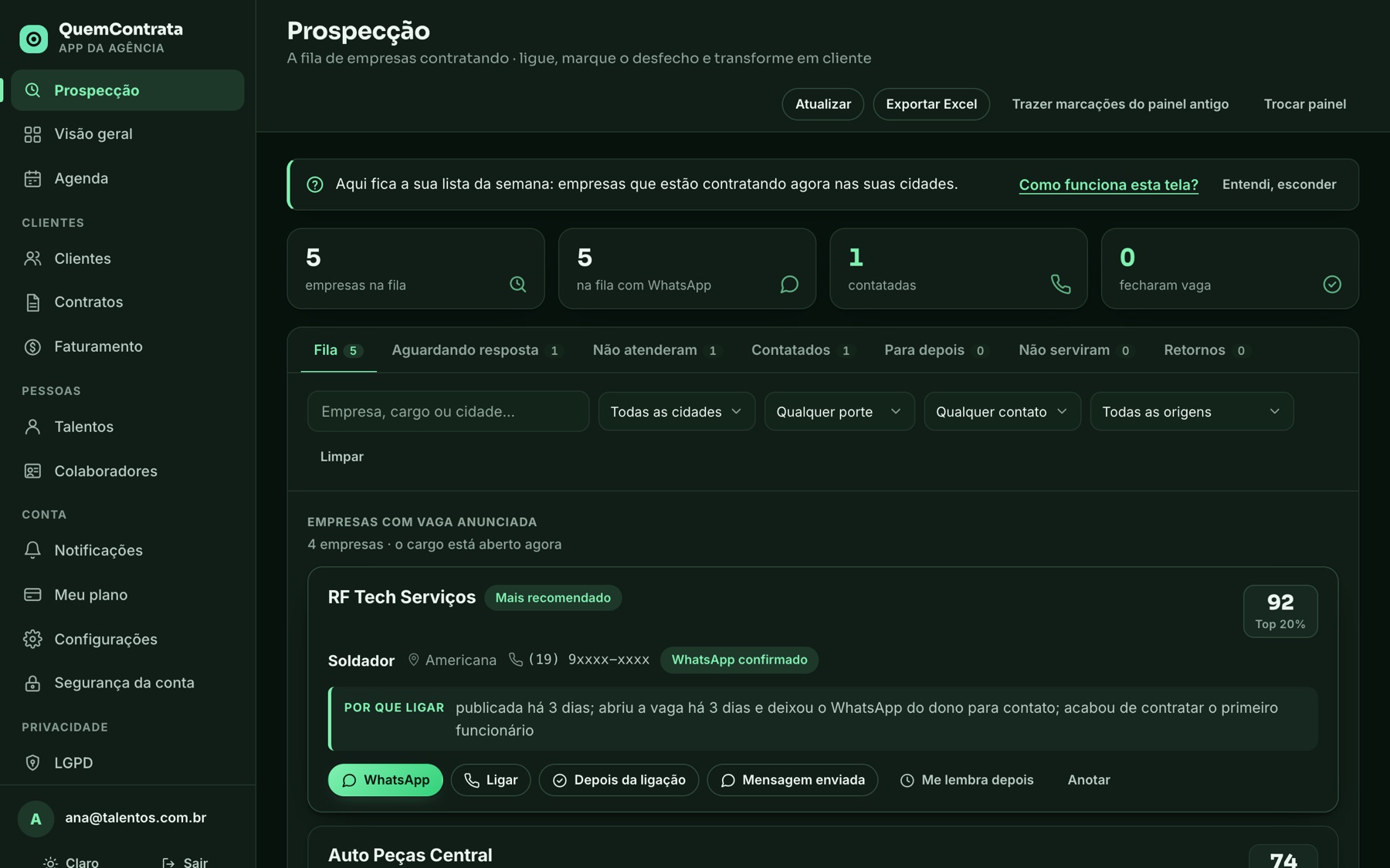 Tela Prospecção do sistema
