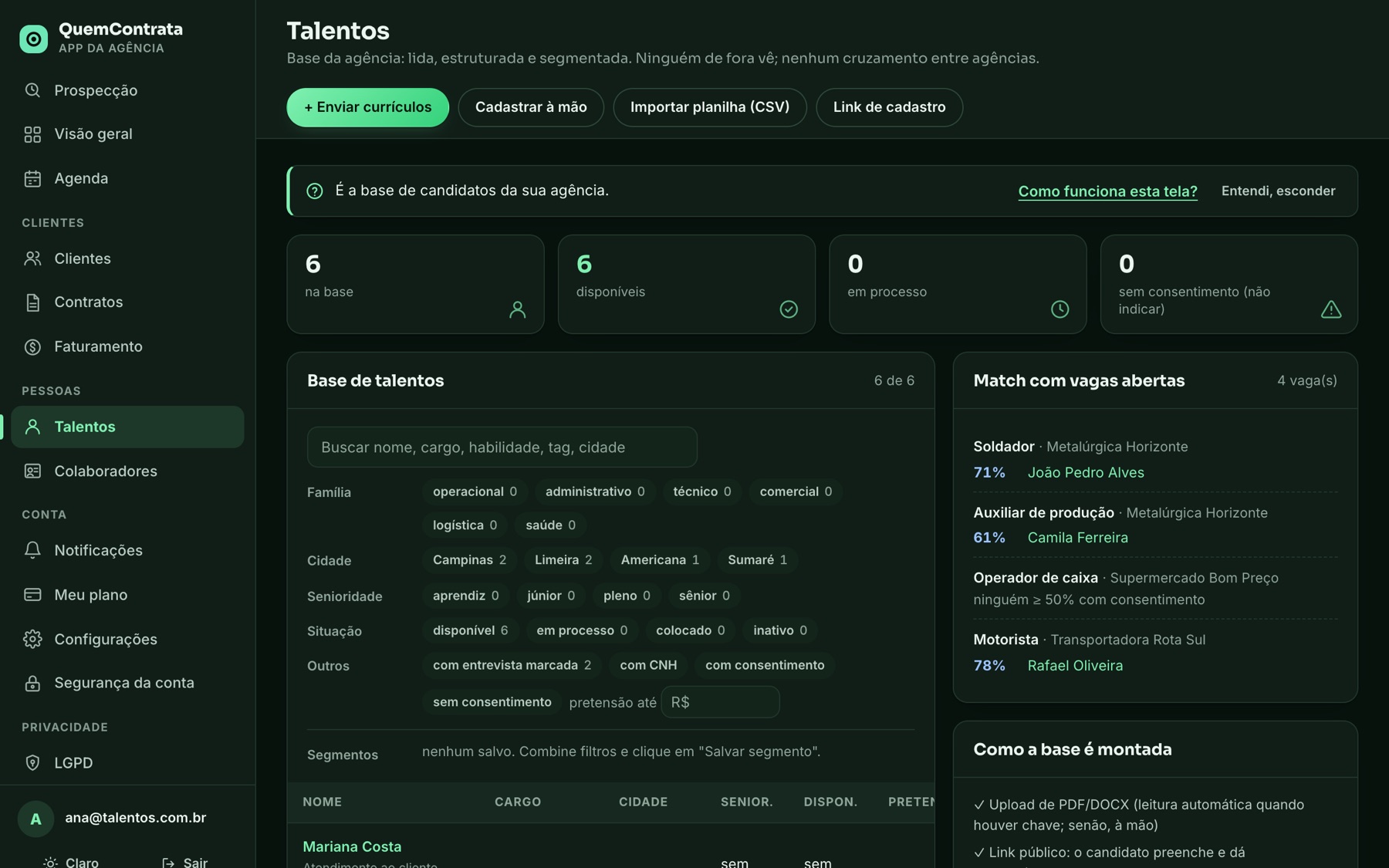 Tela Talentos do sistema
